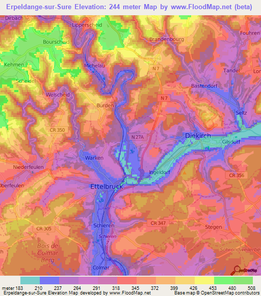 Erpeldange-sur-Sure,Luxembourg Elevation Map