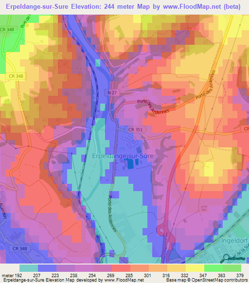Erpeldange-sur-Sure,Luxembourg Elevation Map