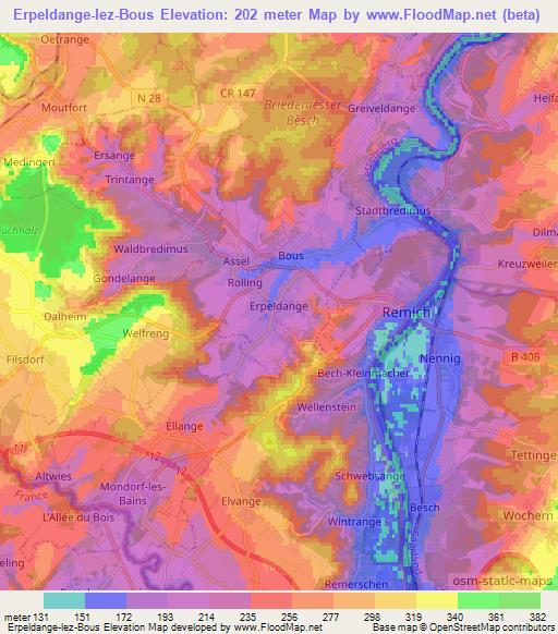 Erpeldange-lez-Bous,Luxembourg Elevation Map