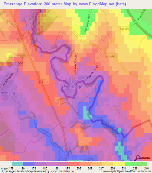 Emerange,Luxembourg Elevation Map