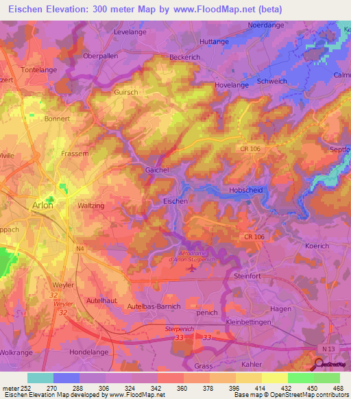 Eischen,Luxembourg Elevation Map