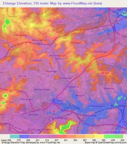 Ehlange,Luxembourg Elevation Map
