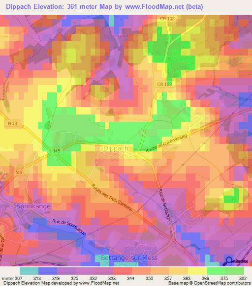 Dippach,Luxembourg Elevation Map