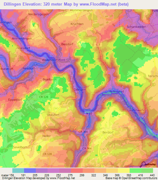 Dillingen,Luxembourg Elevation Map