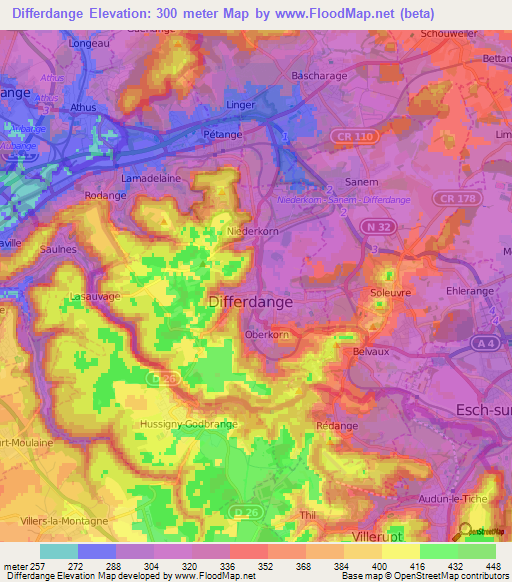 Differdange,Luxembourg Elevation Map