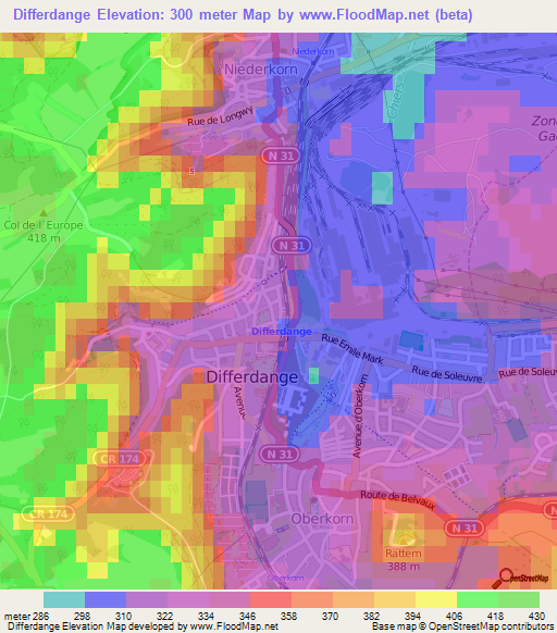 Differdange,Luxembourg Elevation Map