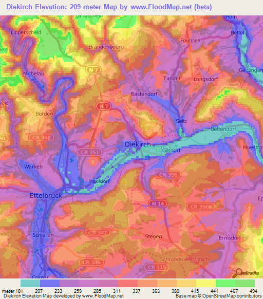 Diekirch,Luxembourg Elevation Map