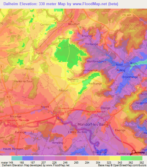 Dalheim,Luxembourg Elevation Map