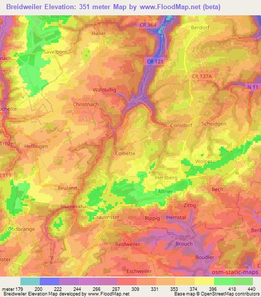 Breidweiler,Luxembourg Elevation Map