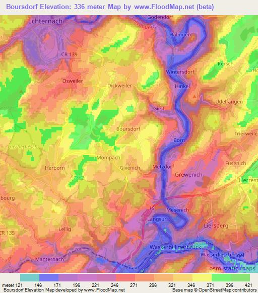 Boursdorf,Luxembourg Elevation Map