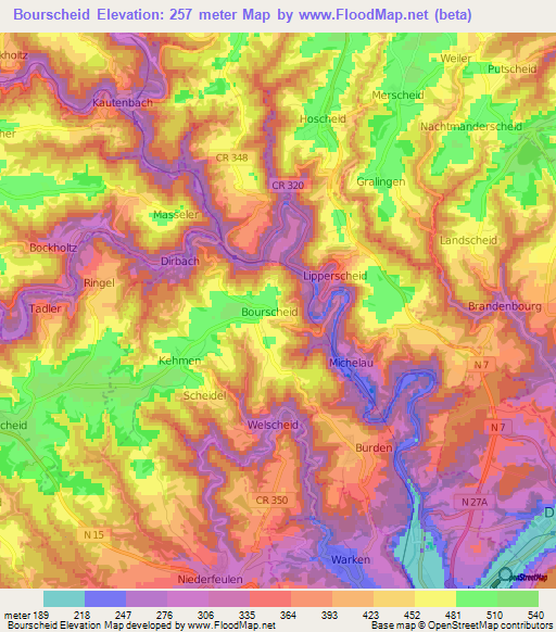 Bourscheid,Luxembourg Elevation Map