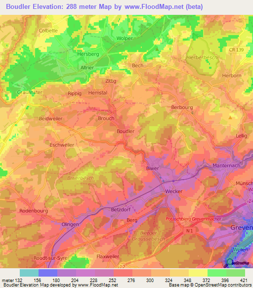 Boudler,Luxembourg Elevation Map