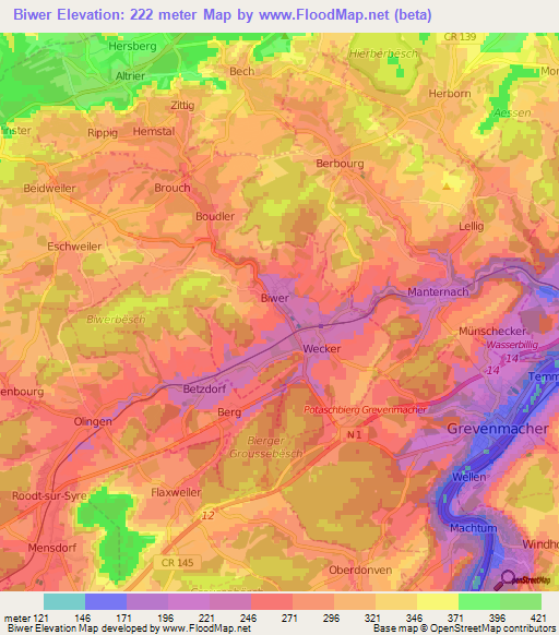 Biwer,Luxembourg Elevation Map