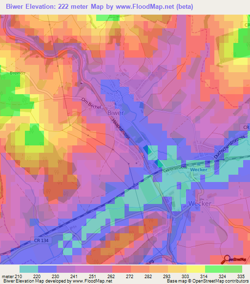 Biwer,Luxembourg Elevation Map