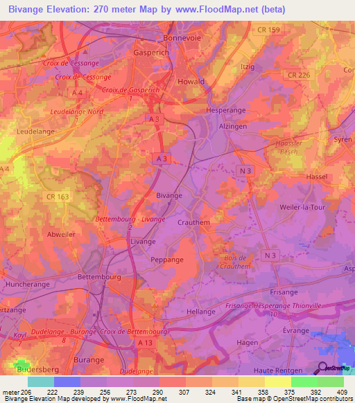 Bivange,Luxembourg Elevation Map