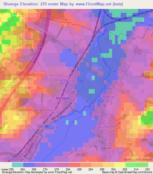 Bivange,Luxembourg Elevation Map