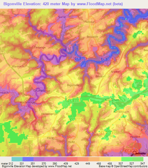 Bigonville,Luxembourg Elevation Map