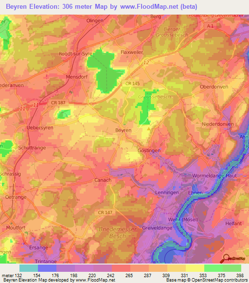 Beyren,Luxembourg Elevation Map