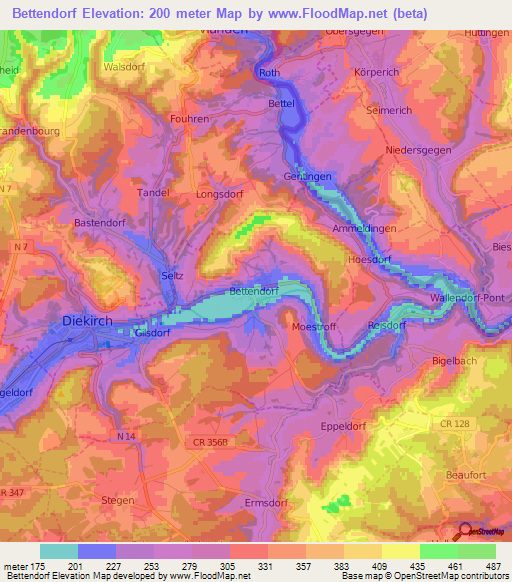 Bettendorf,Luxembourg Elevation Map