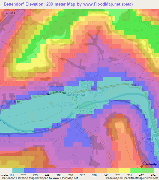 Bettendorf,Luxembourg Elevation Map