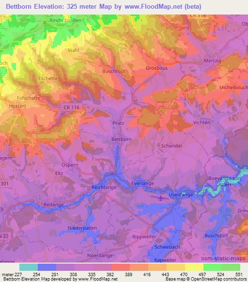 Bettborn,Luxembourg Elevation Map