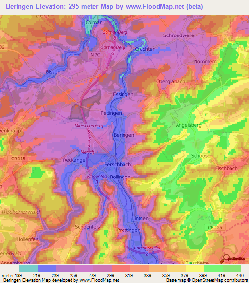 Beringen,Luxembourg Elevation Map