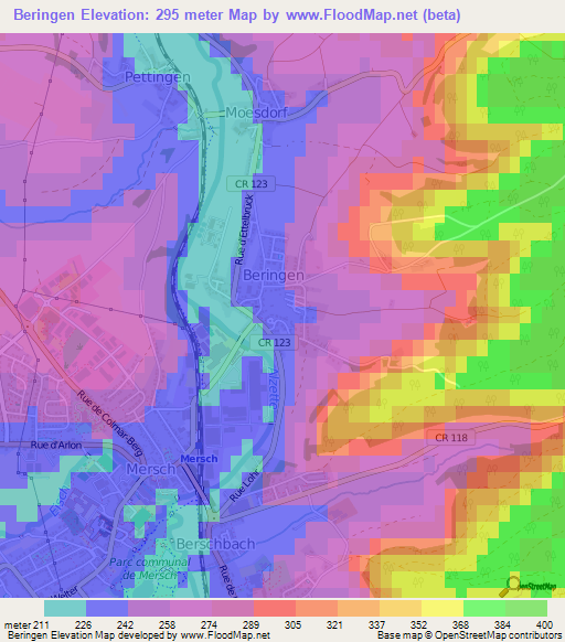 Beringen,Luxembourg Elevation Map