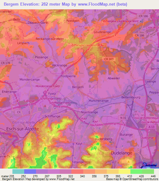 Bergem,Luxembourg Elevation Map