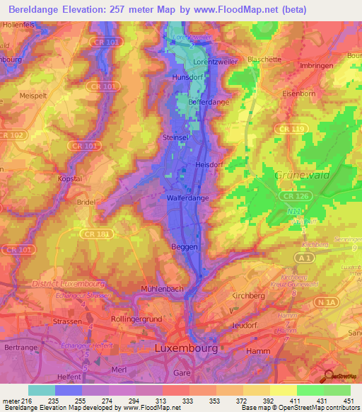 Bereldange,Luxembourg Elevation Map