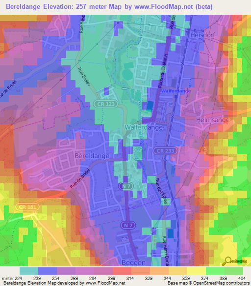 Bereldange,Luxembourg Elevation Map