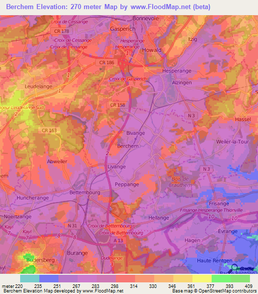 Berchem,Luxembourg Elevation Map