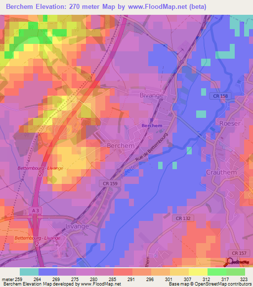 Berchem,Luxembourg Elevation Map