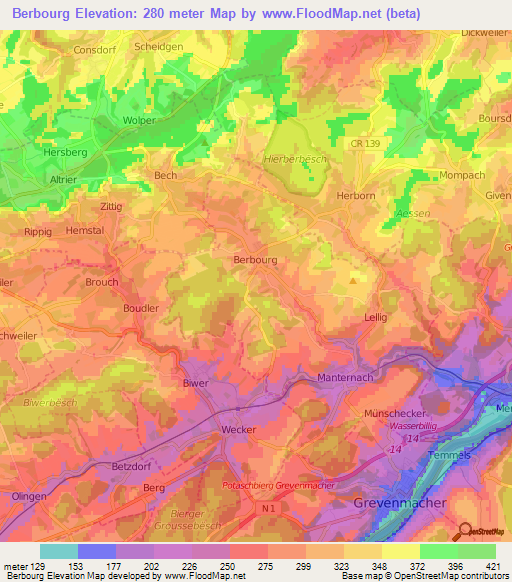 Berbourg,Luxembourg Elevation Map