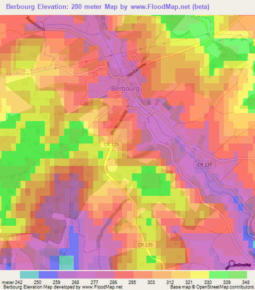 Berbourg,Luxembourg Elevation Map