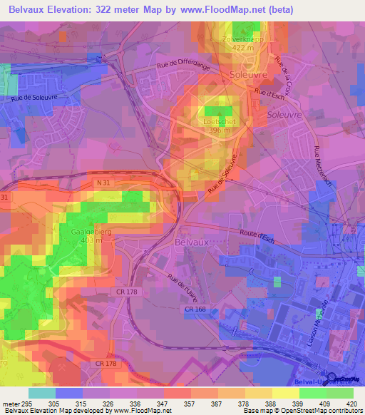 Belvaux,Luxembourg Elevation Map