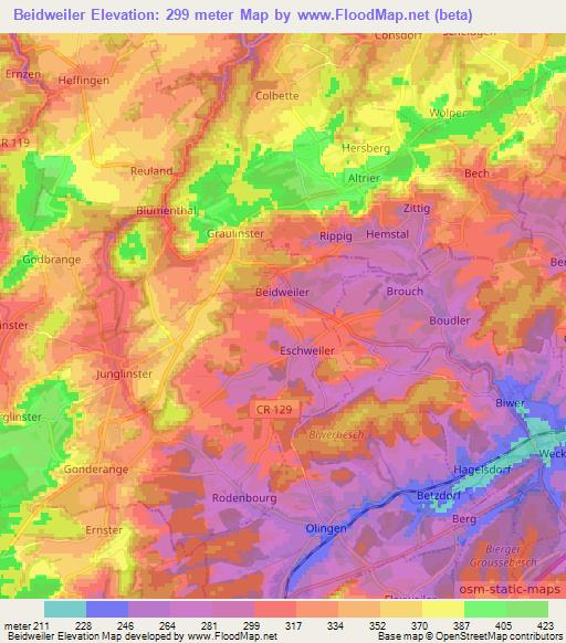 Beidweiler,Luxembourg Elevation Map