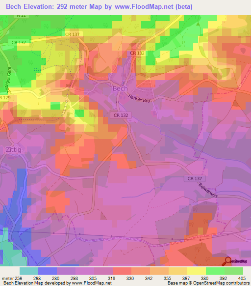 Bech,Luxembourg Elevation Map