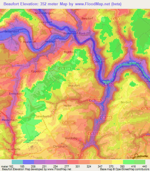 Beaufort,Luxembourg Elevation Map