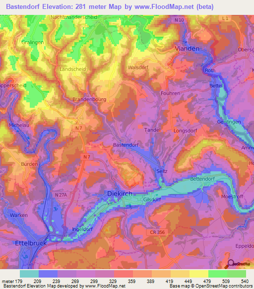 Bastendorf,Luxembourg Elevation Map