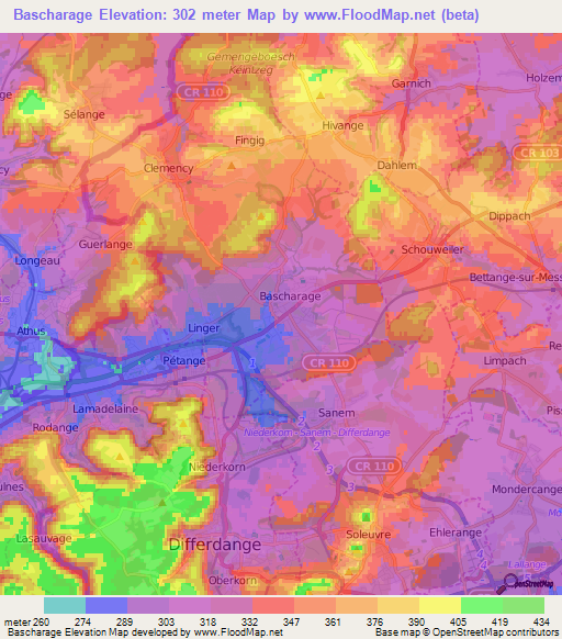 Bascharage,Luxembourg Elevation Map