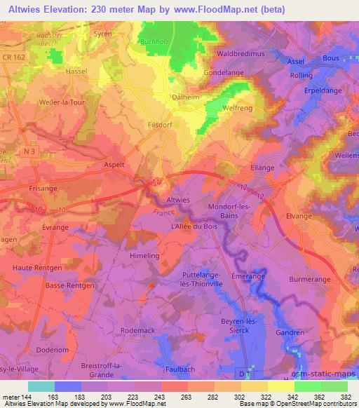 Altwies,Luxembourg Elevation Map