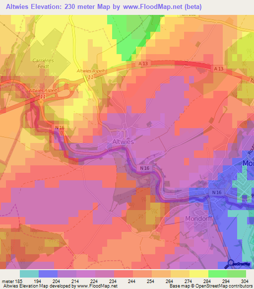 Altwies,Luxembourg Elevation Map
