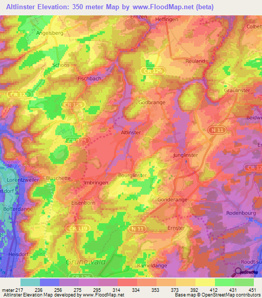 Altlinster,Luxembourg Elevation Map