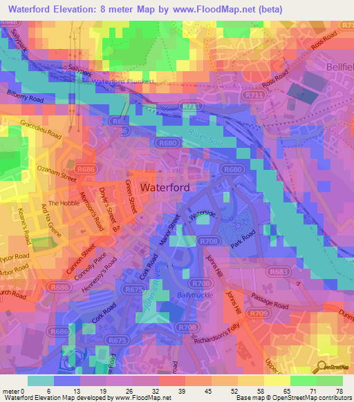 Waterford,Ireland Elevation Map