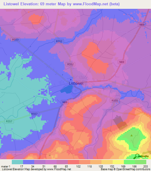 Listowel,Ireland Elevation Map