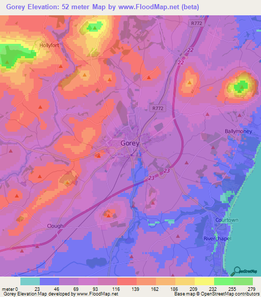 Gorey,Ireland Elevation Map