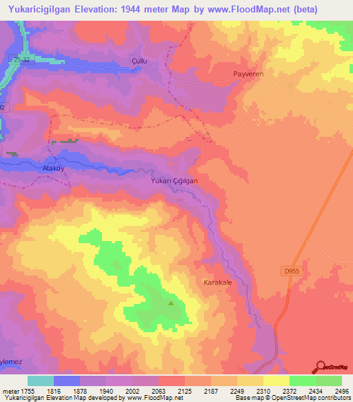 Yukaricigilgan,Turkey Elevation Map