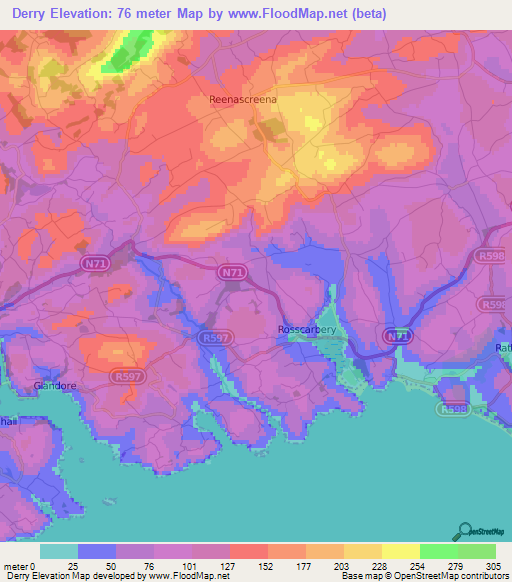 Derry,Ireland Elevation Map