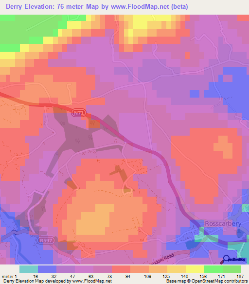Derry,Ireland Elevation Map