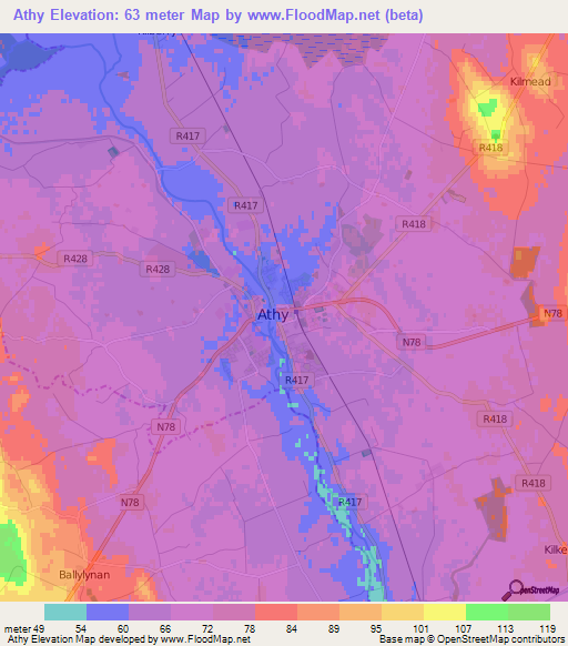 Athy,Ireland Elevation Map